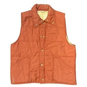 Vtg M 70s Vest Orange Tom Cat Nine Lives Retro HTF Button Up Big Collar